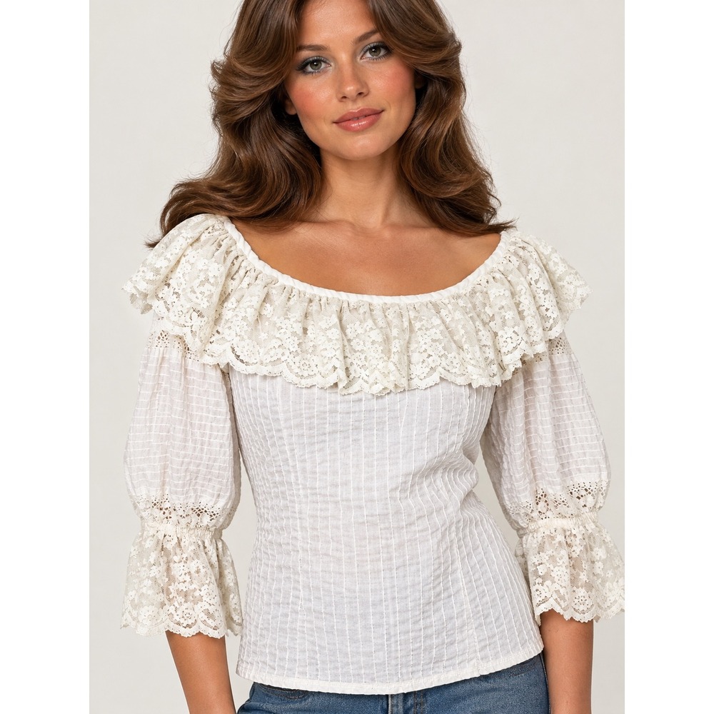 Vintage 1970s Victor Costa White Pintuck Lace Peasant Blouse Bohemian Top